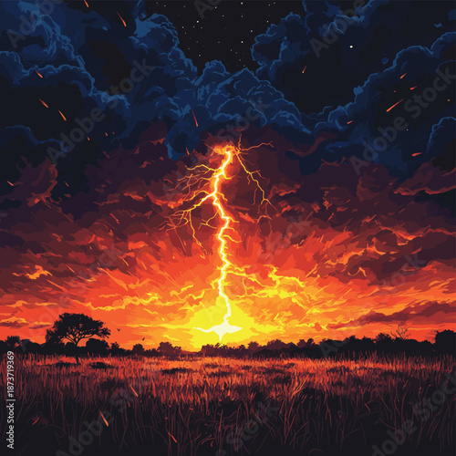 A dramatic digital art illustration of a powerful lightning bolt striking a savanna landscape during a fiery sunset e , vector style simple color