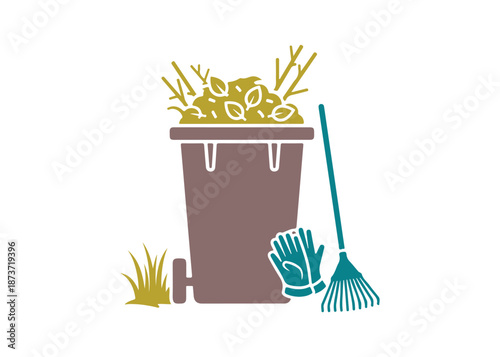 Icon representing yard waste collection. Organic waste from residential lawns and gardens, such as grass clippings, leaves, and branches. Vector illustration isolated.
