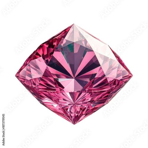 Square-cut, faceted pink gem against a black backdrop