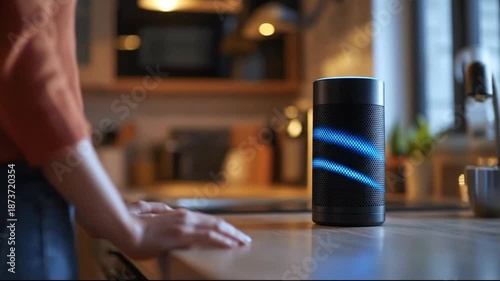 Woman's hand reaching for smart speaker in modern kitchen, home automation concept