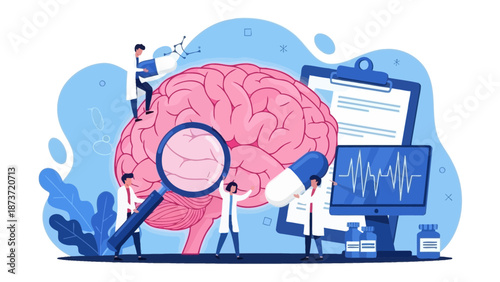 Healthcare professionals analyzing human brain function using medical equipment, digital monitors, and pharmaceutical drugs for neurology and psychiatric research concept.