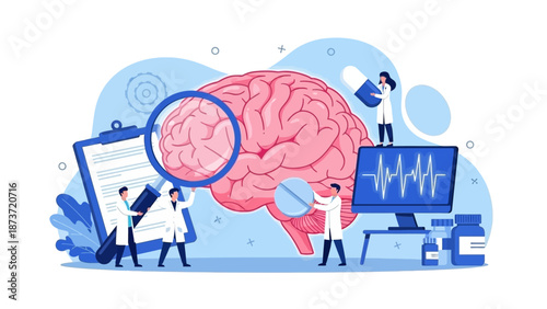 Medical researchers and doctors examining a giant human brain with a magnifying glass and pill for neuroscience and mental health treatment concept illustration.