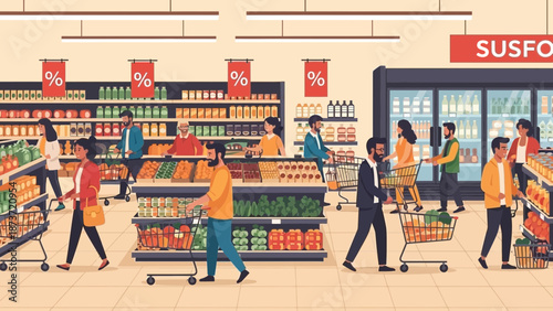 Modern supermarket interior illustration featuring people shopping for groceries with carts, shelves stocked with products, discount banners, and refrigerators in a flat design style for retail busine