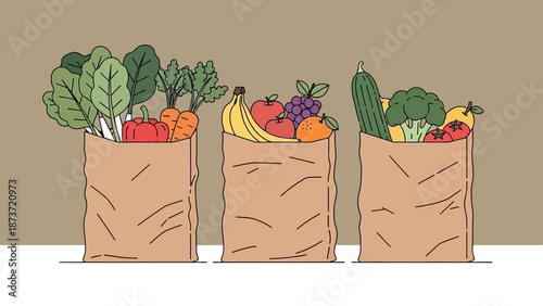 Brown paper shopping bags filled with fresh organic vegetables including carrots, bell peppers, and broccoli on a clean white background, representing eco-friendly grocery shopping and healthy lifesty