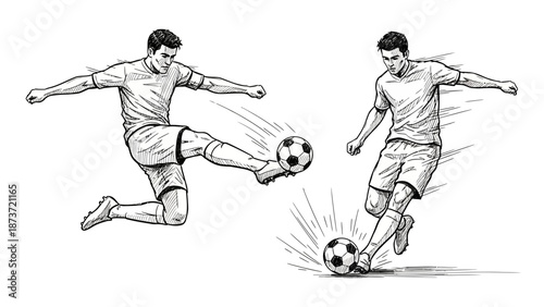Black and white sketch illustration of professional soccer players in action kicking a ball, capturing movement and athletic power for sports competition, football training, and tournament concepts.