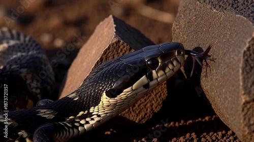 Black mamba resting in dry grass near rocks and slowly flicking its tongue to sense the air