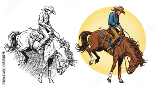 Dynamic illustration of a cowboy riding a bucking bronco horse in both vintage sketch style and colorful vector design, perfect for rodeo events, western heritage, and equestrian sports themes.