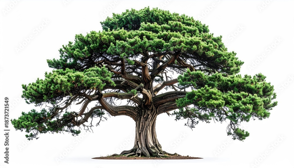 Fototapeta premium Full, green-leaved tree with gnarled trunk, white bg