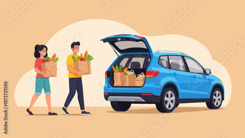 Young Man and Woman Loading Paper Grocery Bags into the Trunk of a Blue Car Outside the Supermarket for Weekend Shopping Logistics and Daily Routine Concept Illustration