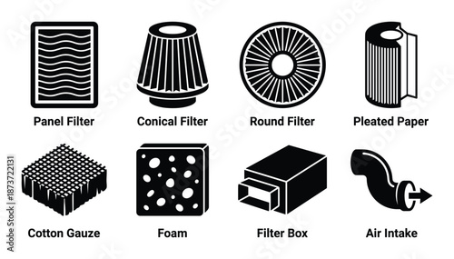 Air filter types vector set: panel, conical, round, pleated, cotton gauze, foam, filter box, and air intake.