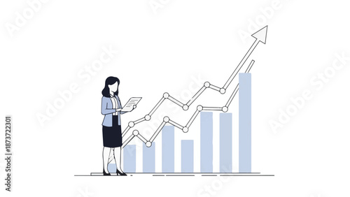 Professional woman analyzing a business growth chart, strategizing for market development and positive financial trends, symbolizing prosperity, success, and progress