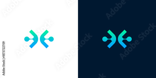 A stylized logo on contrasting backgrounds displayed side by side in a modern abstract design
