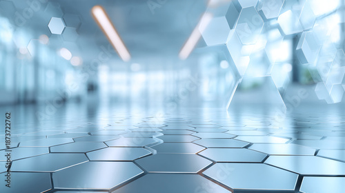 An abstract, futuristic image of a hexagonal pattern, possibly a floor or surface, in a bright, modern setting. The hexagonal shapes suggest a high-tech environment