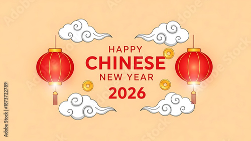 Vibrant vector illustration for Chinese New Year 2026, adorned with glowing red lanterns, auspicious cloud patterns, and golden coins, symbolizing prosperity and good fortune
