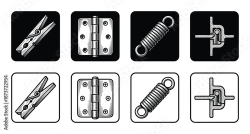 Assorted Hardware Sketch Icons: Clothespin, Hinge, Spring, and Latch Drawings