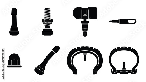 Automobile tire valve stems types and tire repair tool vector illustration on a white background.
