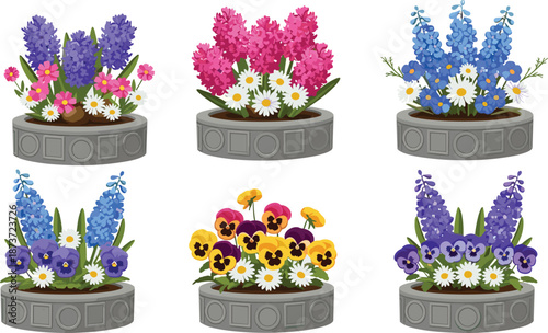 Beautiful circular stone planters filled with colorful flowers including hyacinths, pansies, delphiniums, and daisies arranged in decorative garden display illustration