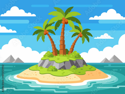 Tropical Island Paradise Vector Illustration with Palm Trees and Ocean Waves