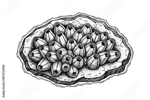 Barnacles Clustered on Rock Ink Drawing, Detailed Hand-Drawn Illustration