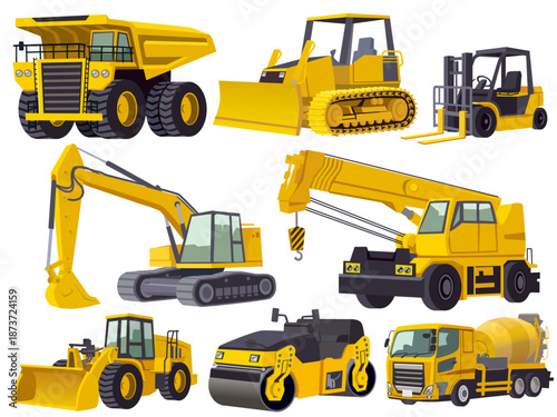 Set of heavy equipment construction vehicles icons. Vector illustration of haul truck, bulldozer, forklift, excavator, crane truck, wheel loader, road roller, and cement mixer isolated on white backgr