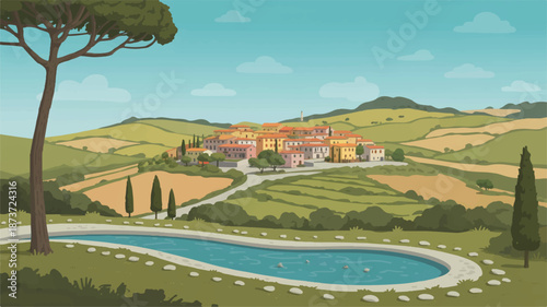 Digital illustration of a picturesque Tuscan village nestled in rolling hills with a serene pool and iconic trees