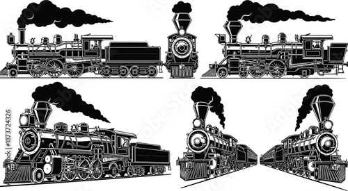 Black and White Vector Illustration of Vintage Steam Locomotives Featuring Smokestacks, Wheels, and Front Grills in Classic Train Transportation Design