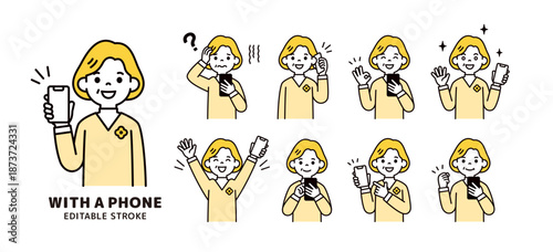スマホを持った高齢女性・おばあさんの様々な表情・ポーズのシンプルなベクターイラスト素材