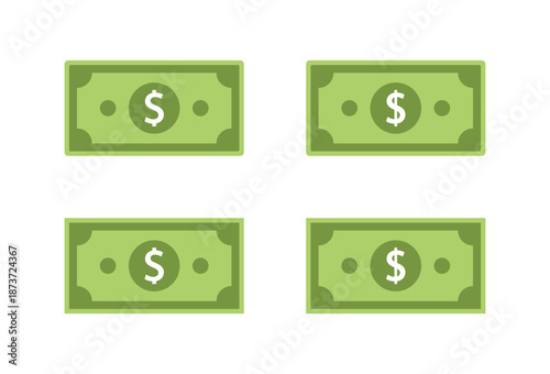 Money bill icon set in flat style. Green dollar banknote symbol. Cash, financial payment sign