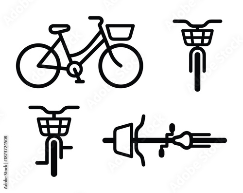 Bicycle icons set, bike with basket, side view, top view and front view vector illustration
