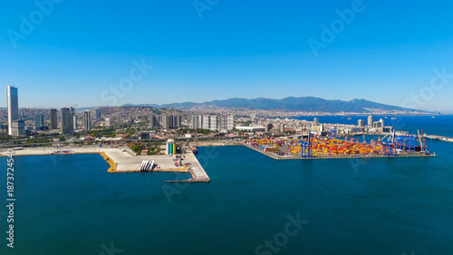 Wallpaper Mural Izmir, Turkey.Container yard and large cranes at Izmir Port for commercial freight operations in Aegean Sea on sunny day. Aerial view. Torontodigital.ca