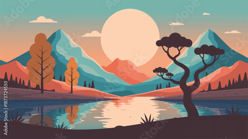 Serene Mountain Lake Landscape at Sunset with Stylized Trees and Water Reflection