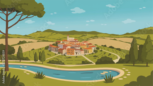 Stylized digital illustration Picturesque Mediterranean hilltop village, green rolling hills, tranquil lake, and idyllic European landscape