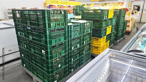 Fresh Harvest Crates in Grocery Store: Stacked high, vibrant green crates filled with produce create a visually striking display inside a bustling grocery store. Thailand, January 12, 2026