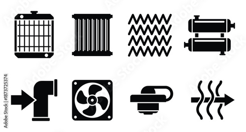 Black and white industrial and automotive system components icons set