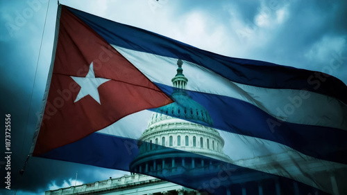 cuban flag superimposed on the united states capitol dome in washington under a cloudy sky