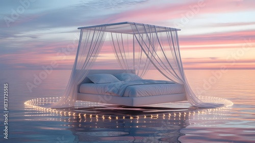 Surreal Floating Bed with Glowing Lights Over Calm Sea at Sunset  Dream and Relaxation 