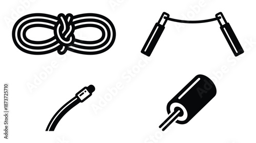 Black and White Outline Icons of Rope, Jump Rope, and Cable Connector Vectors