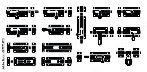 Black and white silhouette set of various door latches and bolts for secure security locks