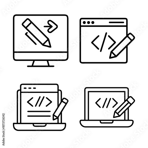 Four screens showing computer programming and web development with writing utensils