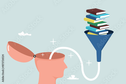 Reading books quickly to learn new lessons, education or study, inspiration or easy learning, school concepts, piles of books in a funnel easily flow in the human head.