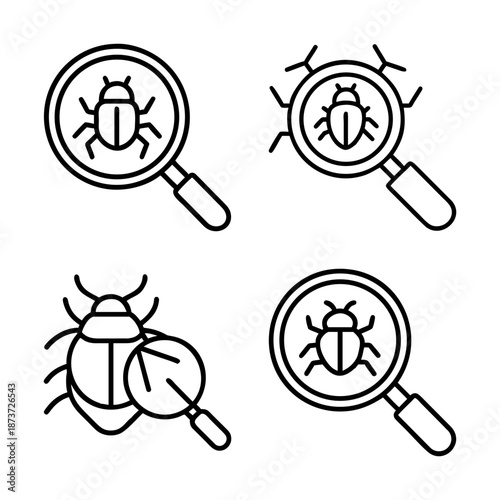 Icons depicting beetles under a magnifying glass for debugging concept