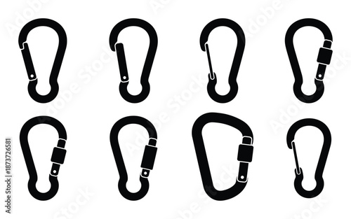 Black carabiner set vector illustration. Collection of climbing and safety clips and hooks, with spring closures and screw lock.