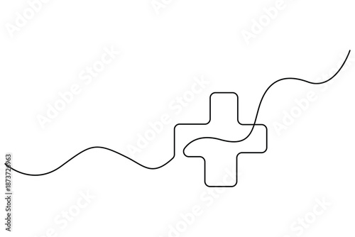 Continuous one line drawing of medical cross with flowing abstract line
