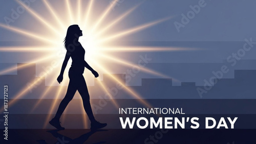International women's day celebration with a confident woman walking towards sunrise over city skyline with International Women s Day and silhouette
