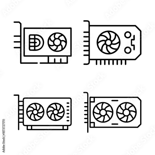 Graphics card variations in a minimalist outline drawing for design elements