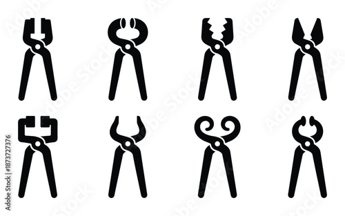 Blacksmith tongs vector icons set. Collection of different style tools for blacksmithing work in solid style.