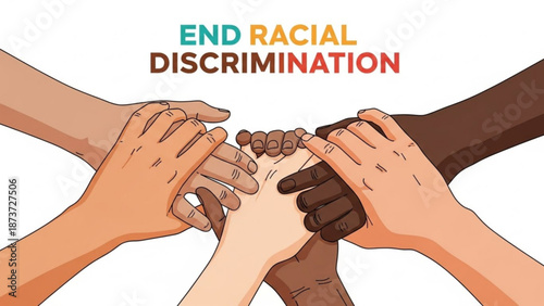 Diverse hands joining together in unity against racial discrimination on white background with diversity and solidarity and equality and inclusion