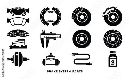 Brake System Parts: Pads, Shoes, Caliper, Fluid, Master Cylinder, Hose, and Discs Vector Icons Set