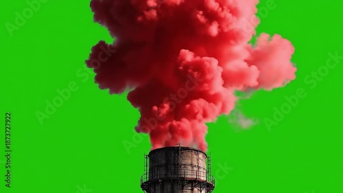 Thick Red Smoke Coming Out of Factory Chimney on Green Screen