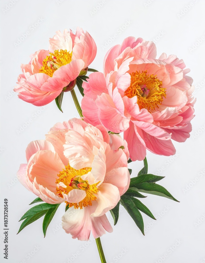 Obraz premium Three peach-colored peony flowers against white